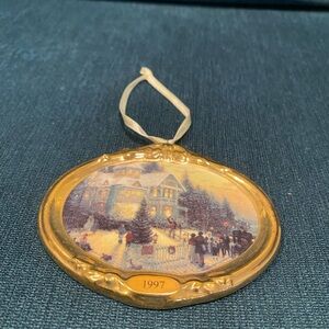 Charming Gold Holiday Ornament with Winter Scene 1997 Hallmark Thomas Kinkade